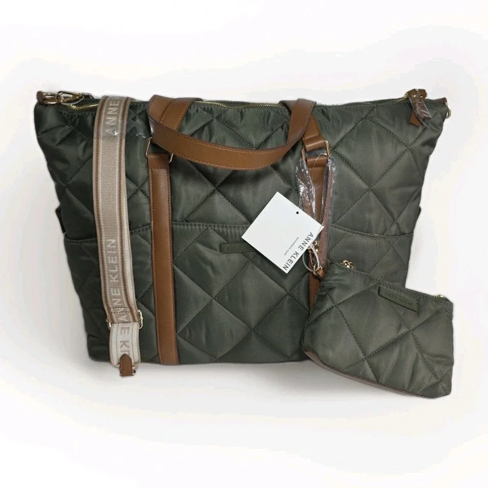 Anne Klein Quilted Nylon Tote‎ Bag w Zip Pouch Olive Green NWT